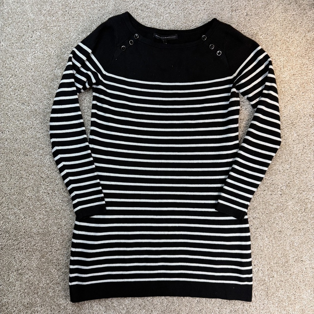 White House Black Market Dress Womens M Black Striped Long Sleeve Sweater Dress